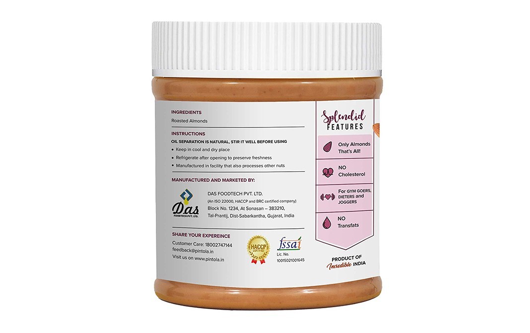 Pintola Almond Butter Creamy All Natural   Plastic Jar  350 grams